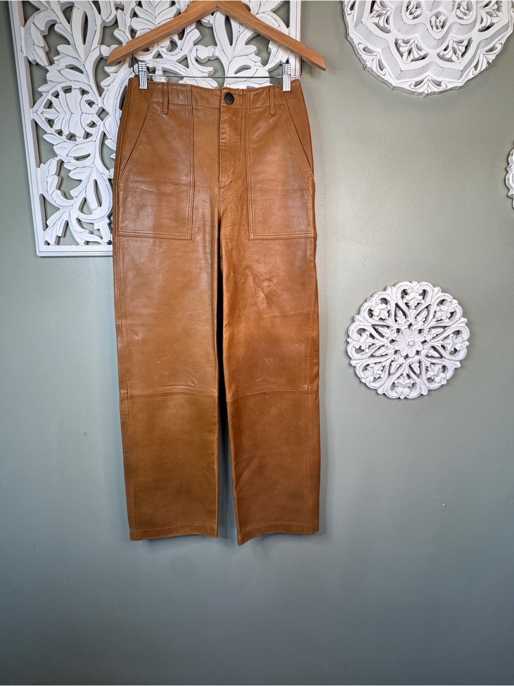 Zara Genuine Sheep Skin Leather High-Waist Straight Leg Pants - Tan XS